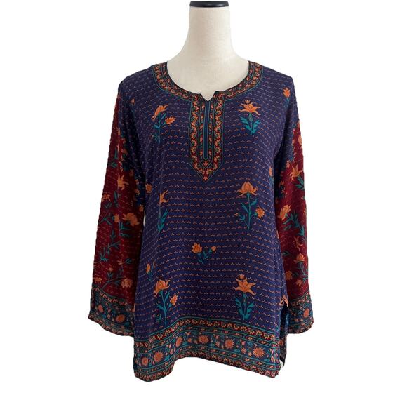 Biba Blouse Top Womens 38 Blue Floral Tunic 100% Silk Long Sleeves Boho - Picture 1 of 10